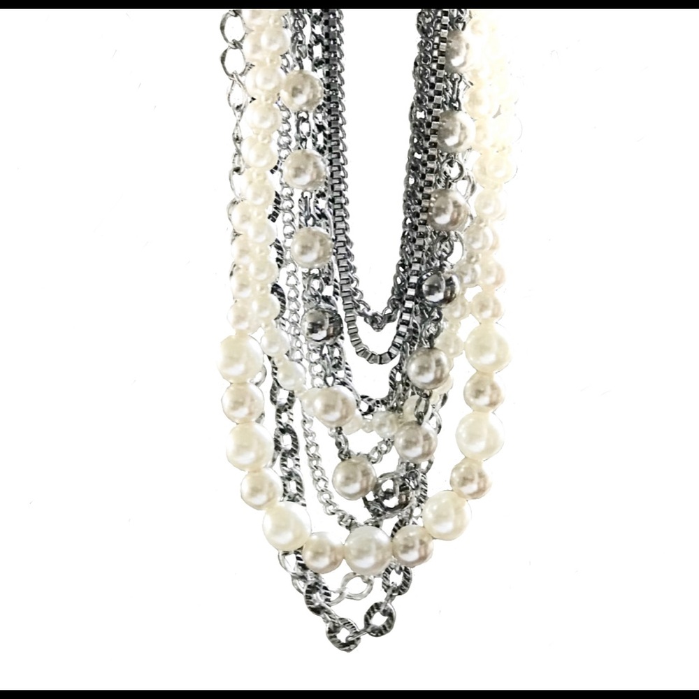 Chic 10 strand faux pearl/silver necklace 15-19”